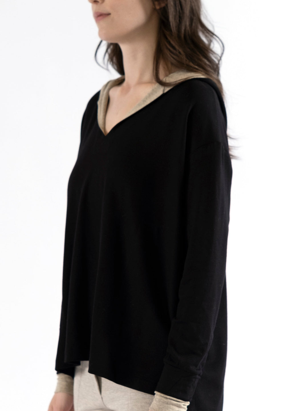Emma Notched V-Neck Hooded Pullover