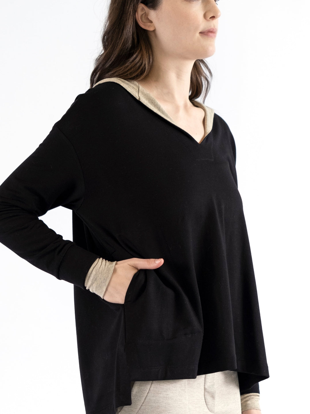 Emma Notched V-Neck Hooded Pullover