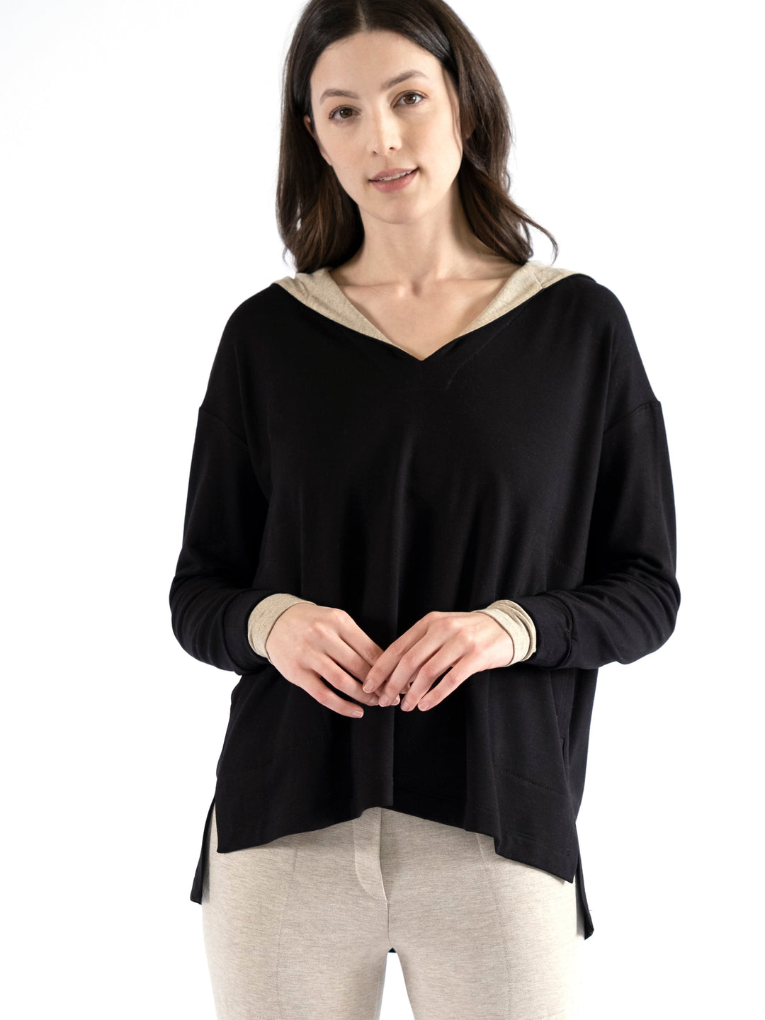 Emma Notched V-Neck Hooded Pullover
