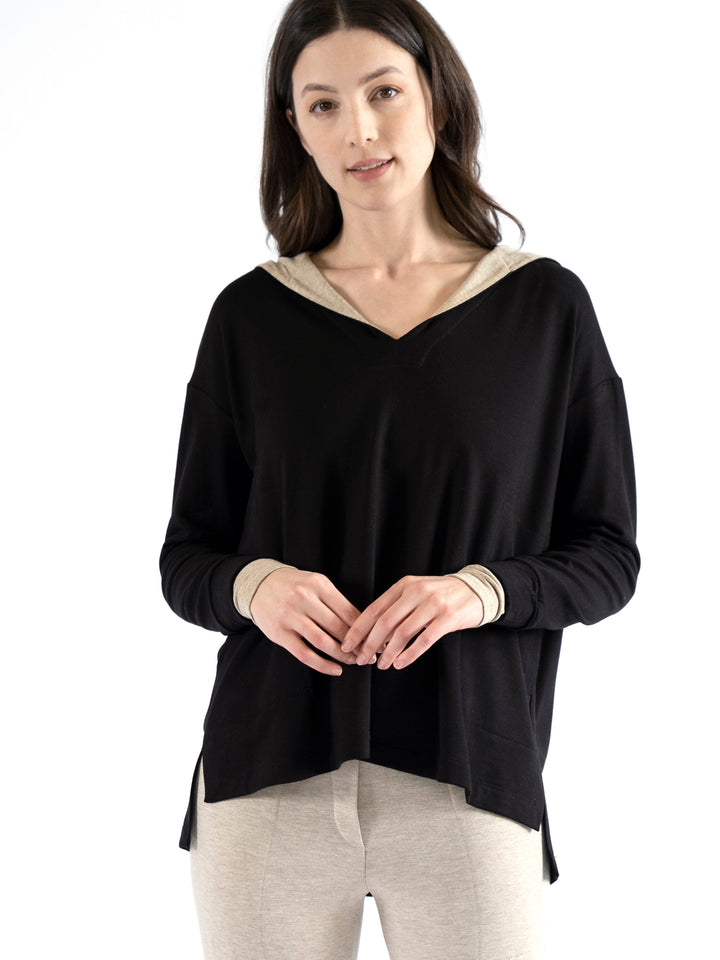 Emma Notched V-Neck Hooded Pullover