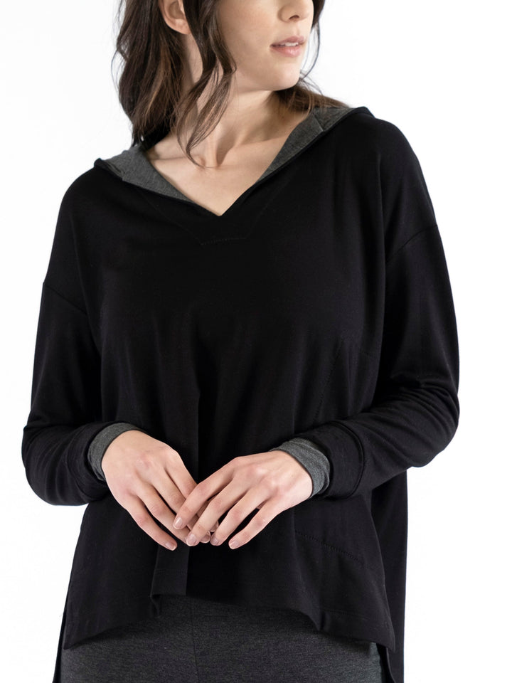 Emma Notched V-Neck Hooded Pullover