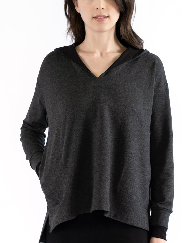 Emma Notched V-Neck Hooded Pullover
